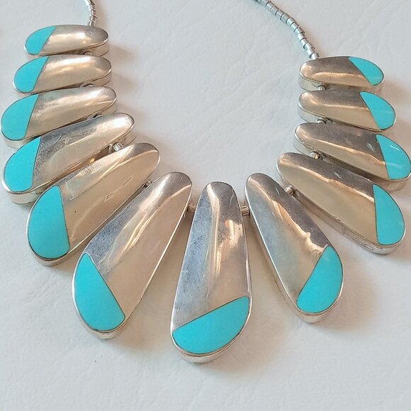 Vintage Sterling Silver Turquoise Enamel Necklace - Picture 4 of 10